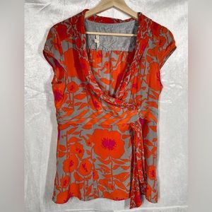 Nanette Lepore Orange Gray Floral Silk Blouse Sz 12